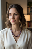 Purple and brown beaded necklace with silver spacers worn as lifestyle shot in natural light