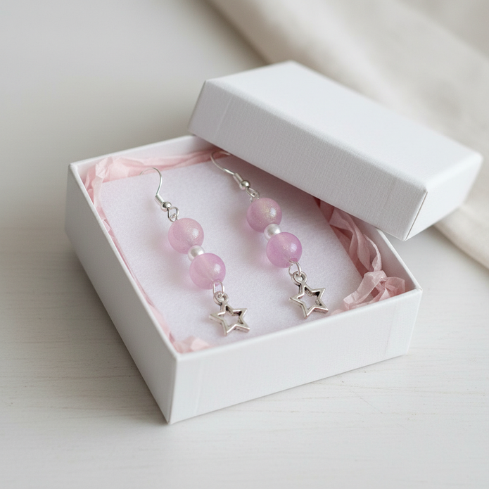 Pink bead and star charm earrings presented in a white gift box with pink tissue paper