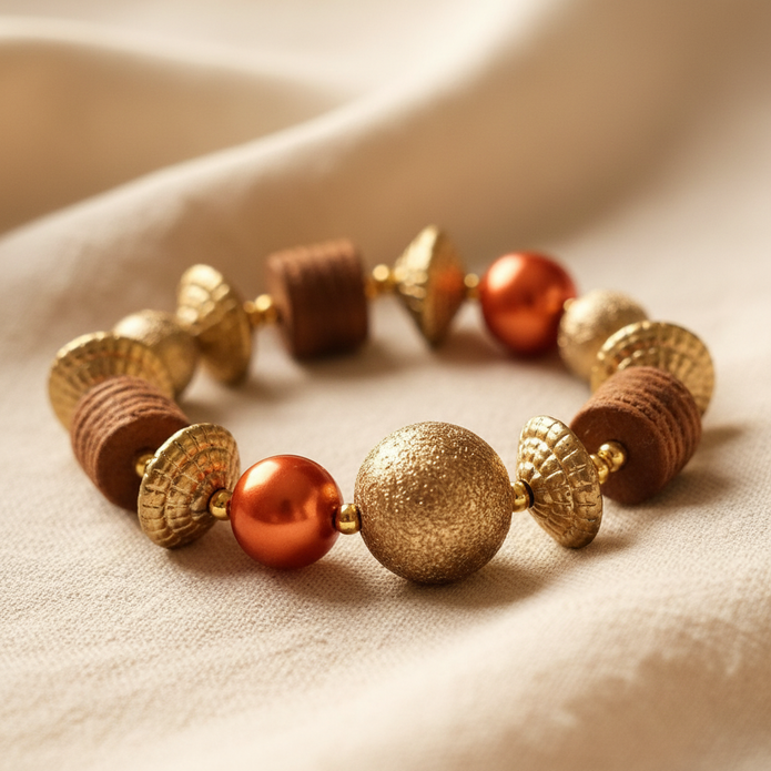 Copper pearl and gold mixed bead stretch bracelet styled on cream fabric