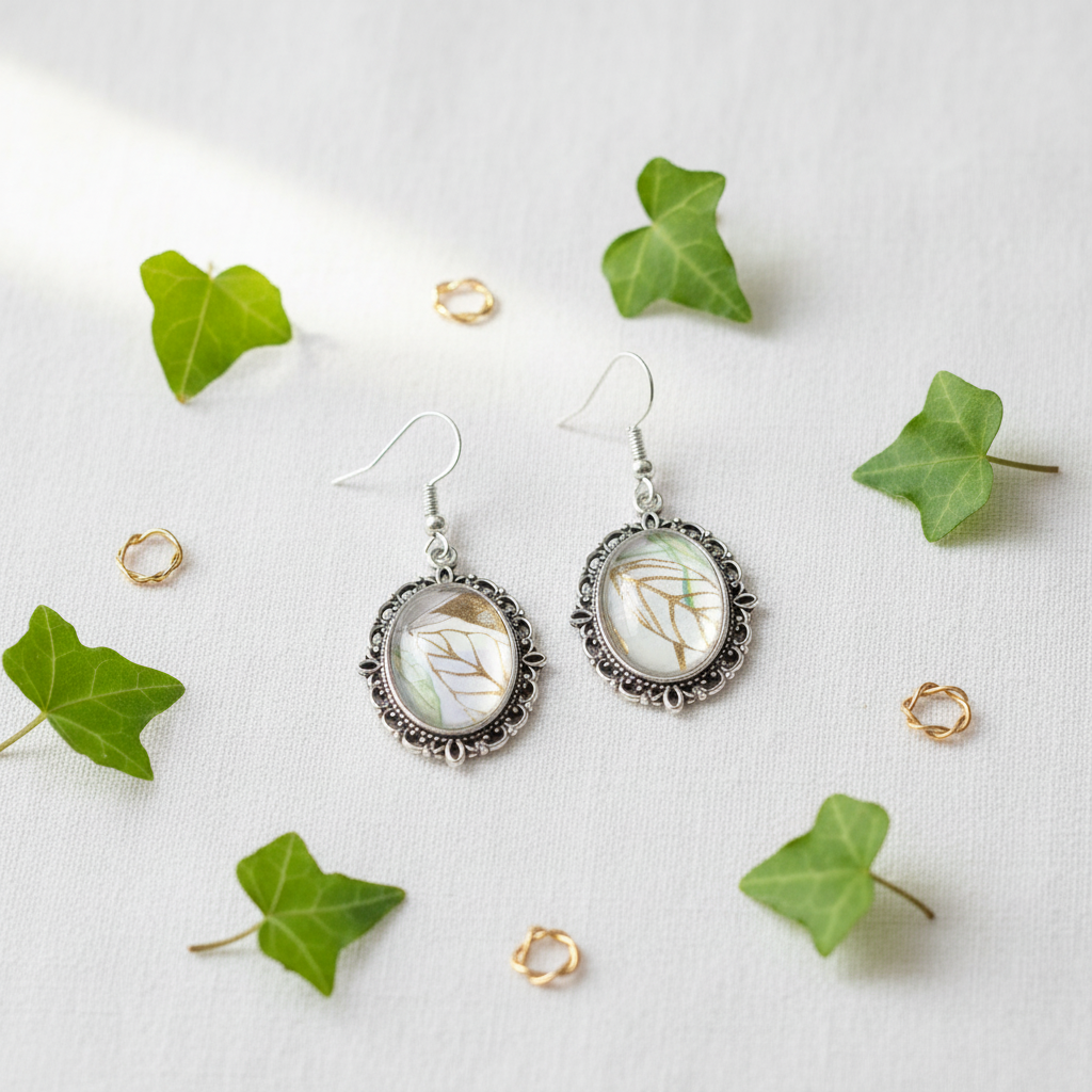 Botanical leaf cabochon drop earrings flat lay on white linen with green leaves and gold accents