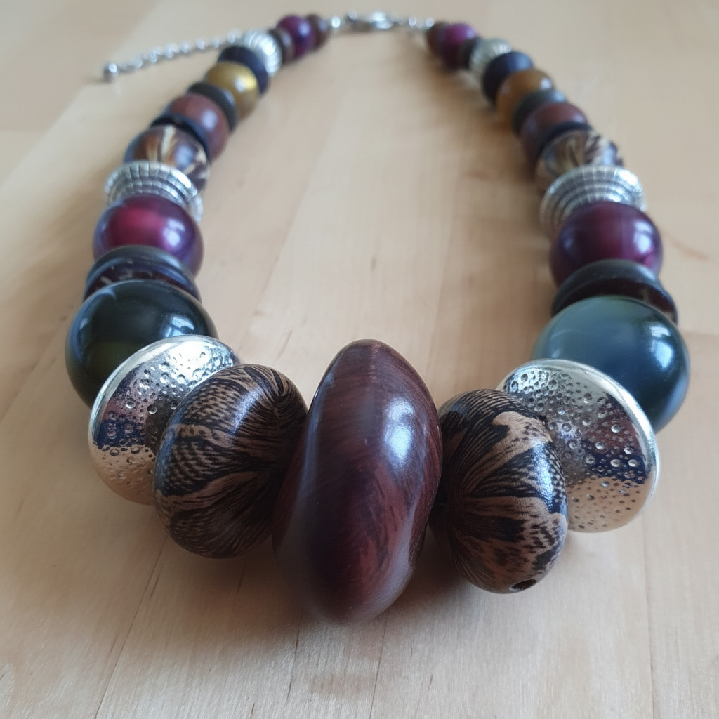 Close-up of rescued and remade jewel tone necklace beads on warm wooden surface