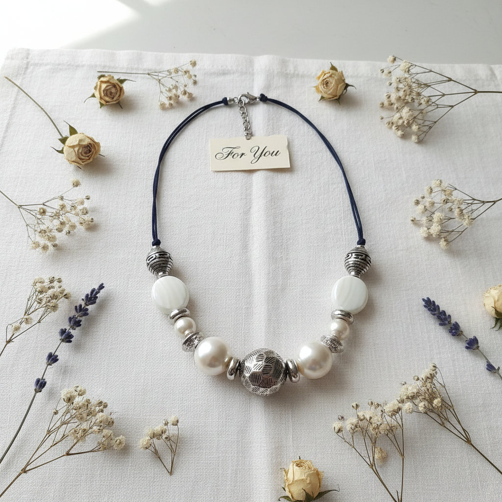 Rescued & Remade pearl and silver necklace gift flat lay on white linen with dried white flowers