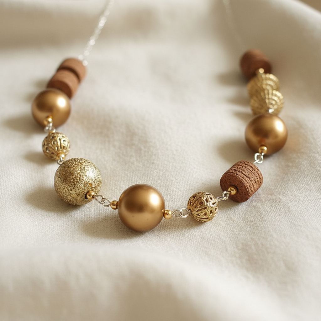 Gold and copper mixed bead statement necklace detail on cream fabric