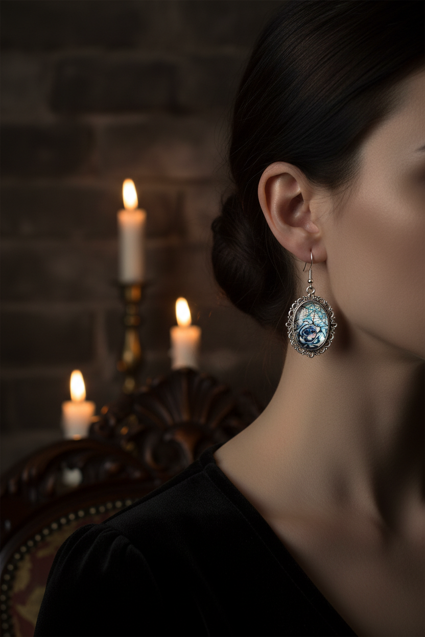 Model wearing iridescent rose spiderweb cabochon drop earrings in moody gothic candlelit setting