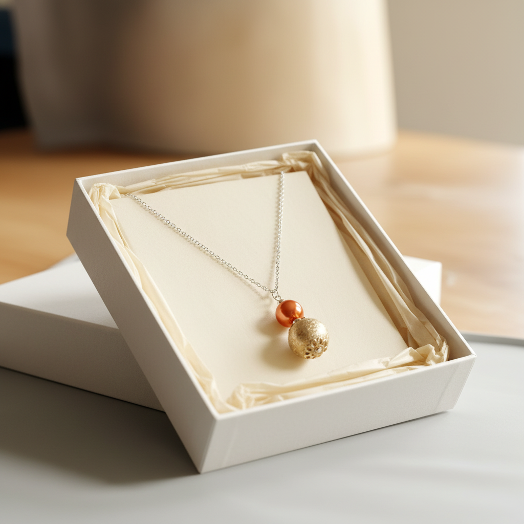 Copper pearl and gold textured ball pendant necklace presented in a white gift box with tissue paper