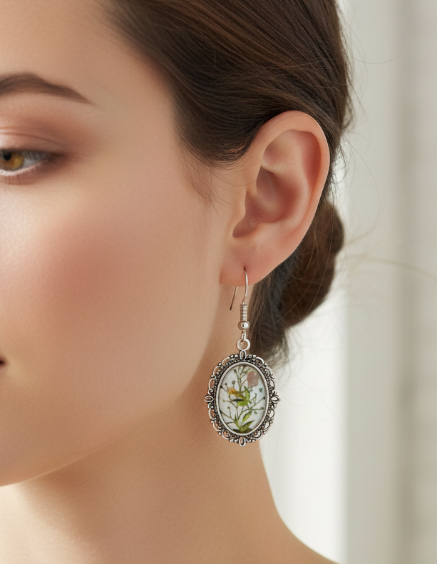 Small botanical cabochon drop earrings worn on model's ear, lifestyle shot