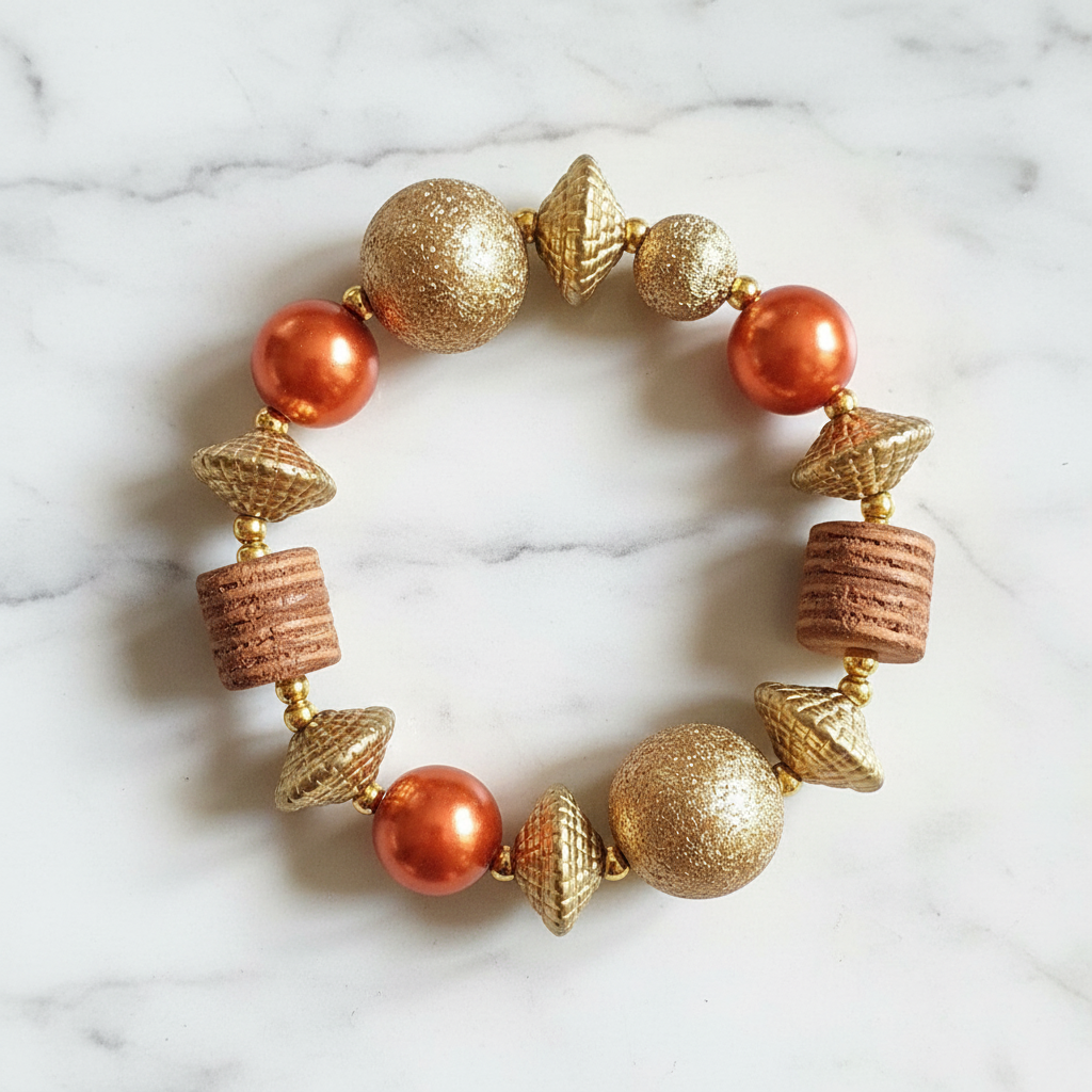 Copper pearl and gold mixed bead stretch bracelet flat lay on white marble