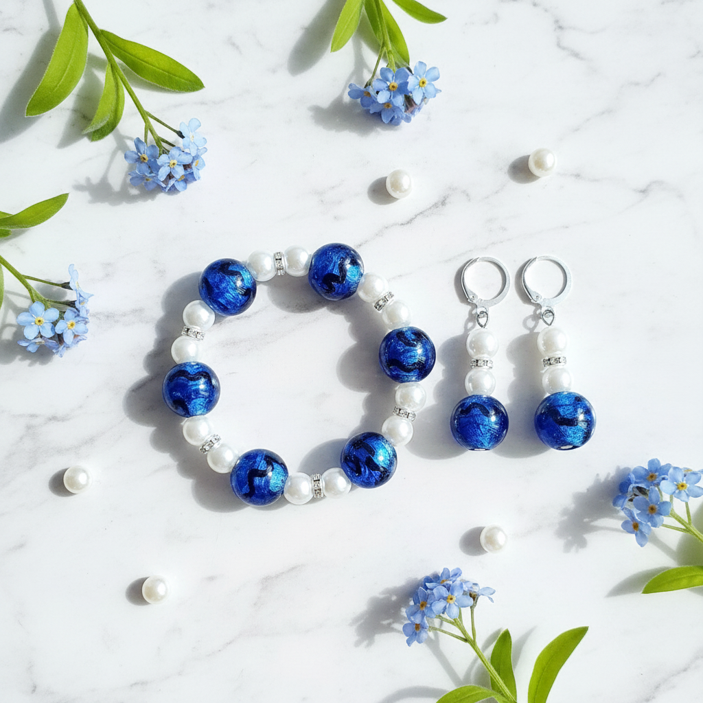 Flat lay of cobalt blue and pearl bracelet and earrings set on marble with pearl and flower props
