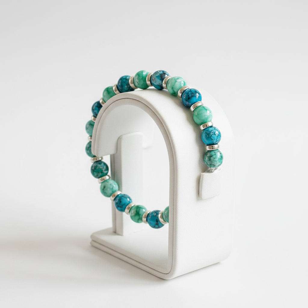 Turquoise and green beaded bracelet on a jewellery display stand