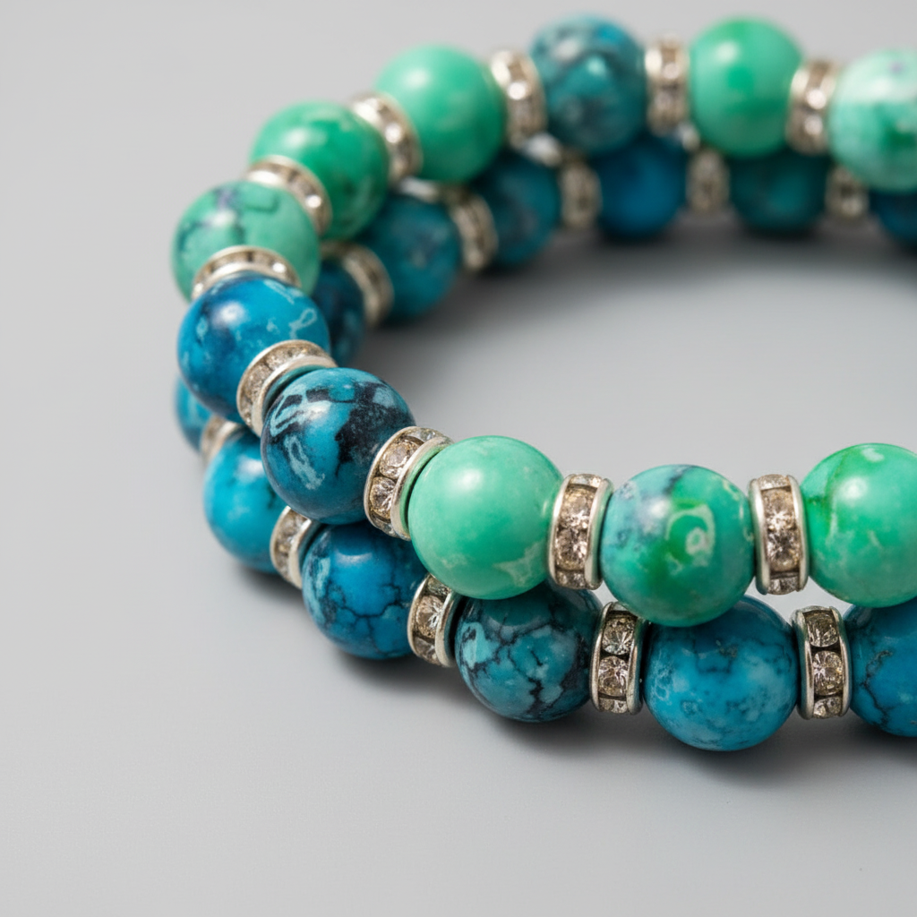 Close-up of two turquoise and green marbled beaded bracelets with diamante silver spacer rings