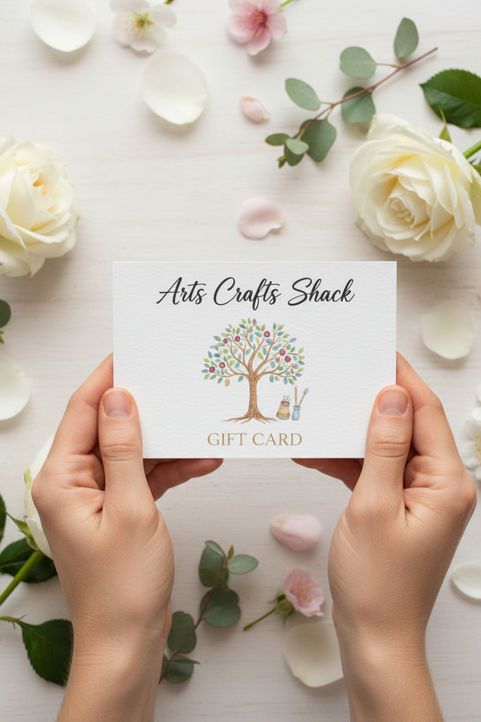 Arts Crafts Shack gift card being held in hands over a white floral background