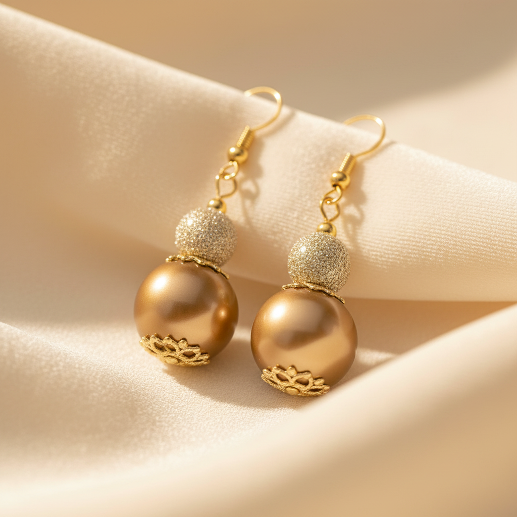 Gold pearl drop earrings styled detail shot on cream fabric