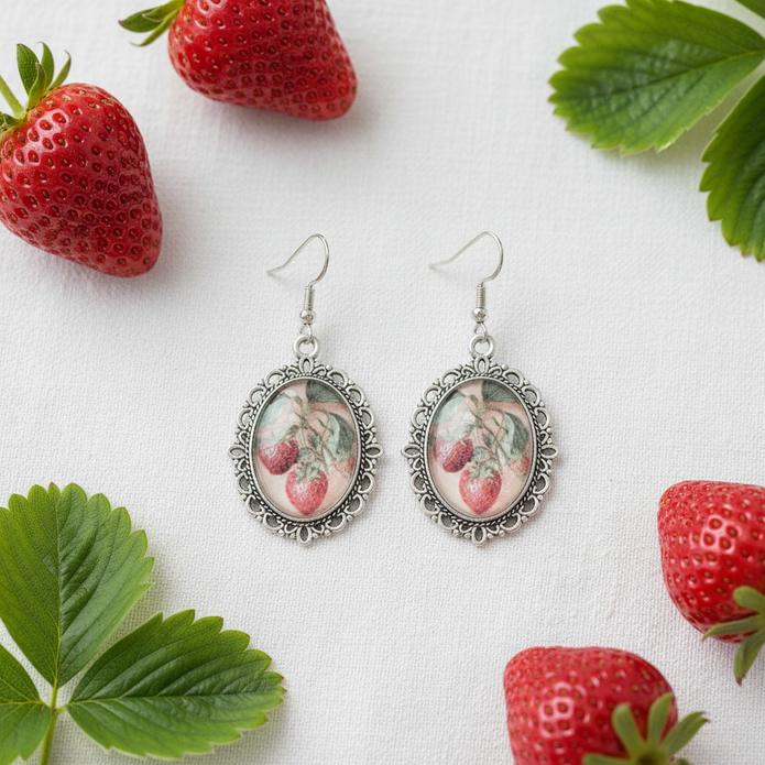 Vintage strawberry cabochon drop earrings flat lay with fresh strawberries and green leaves
