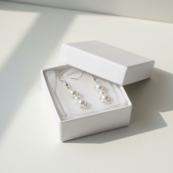 Pearl bead filigree circle drop earrings in a white gift box with white tissue paper