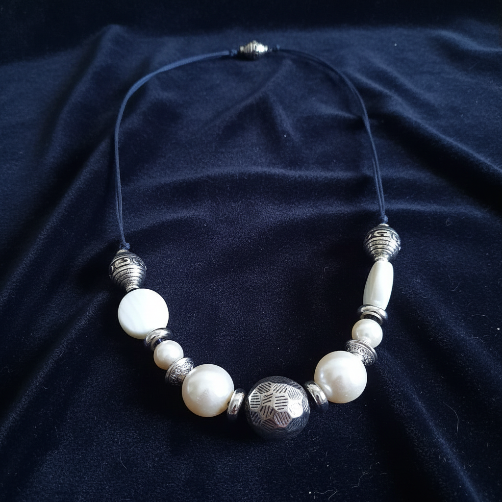 Rescued & Remade pearl and antique silver necklace flat lay on dark navy velvet