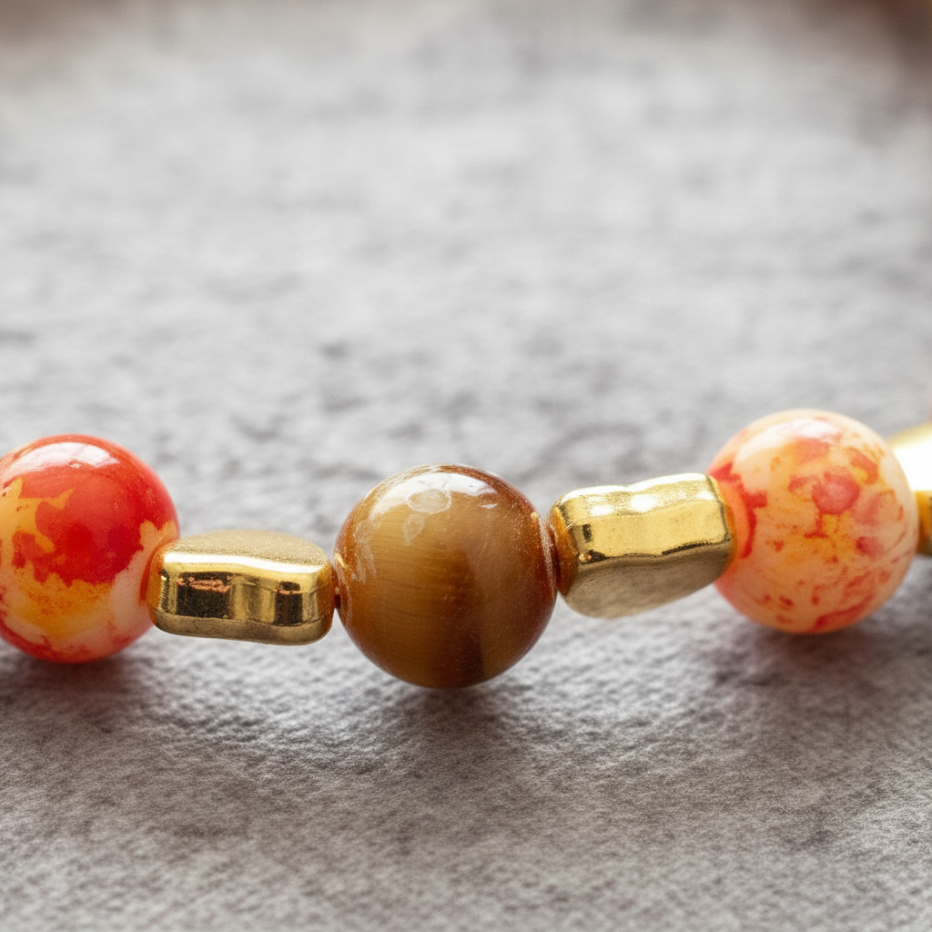 Close-up detail of orange marbled beads and gold heart spacers on elasticated bracelet