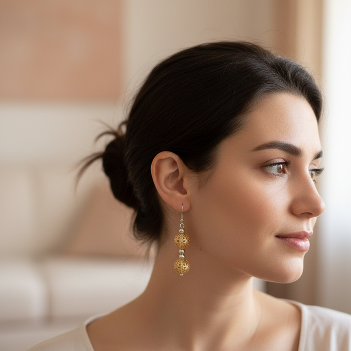 Woman wearing gold filigree double cage bead drop earrings