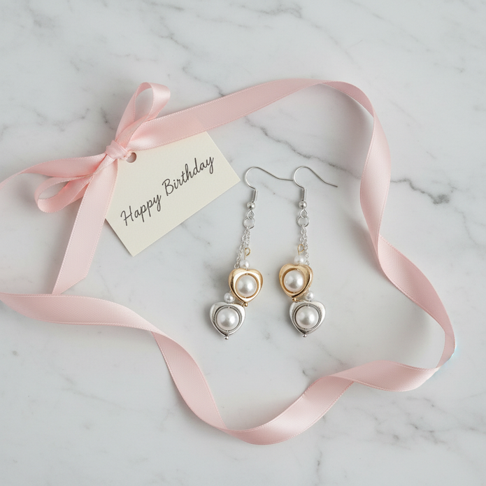 Double heart pearl drop earrings styled as a birthday gift flat lay on white marble with ribbon