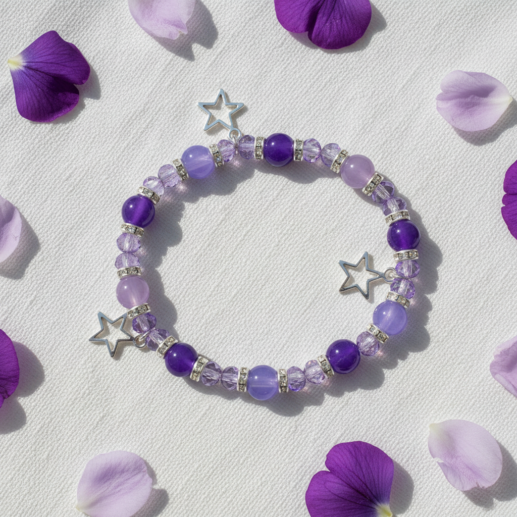 Purple and lilac star charm bracelet flat lay on white linen with purple flower petals