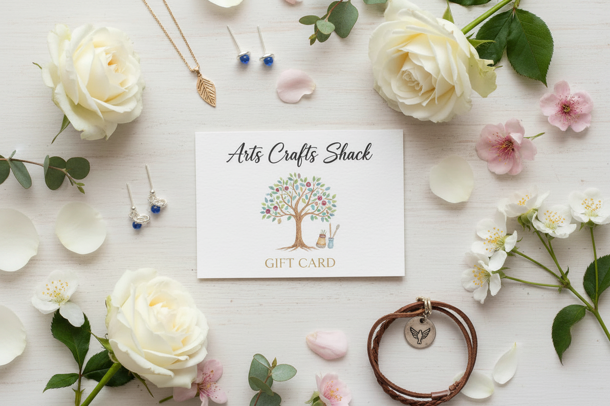 Arts Crafts Shack gift card displayed alongside handmade jewellery pieces and white roses