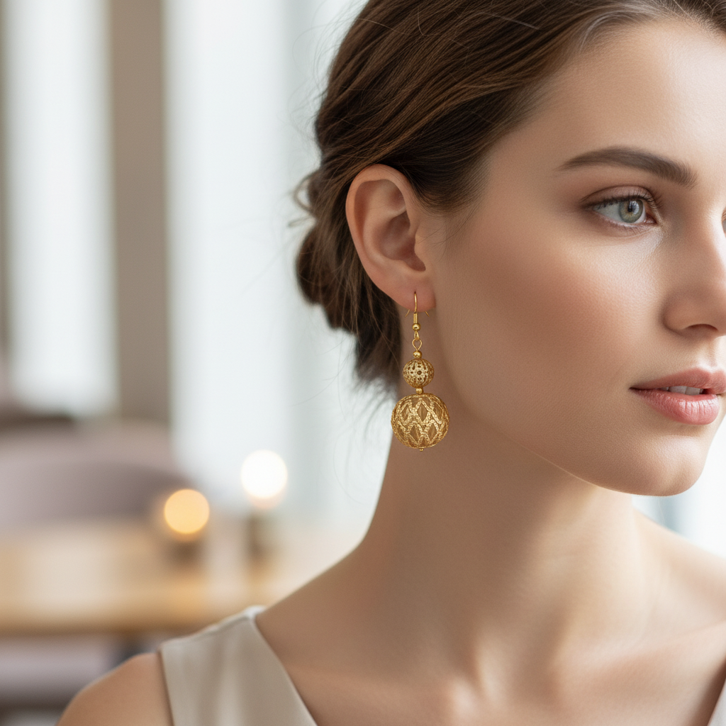 Woman wearing gold filigree cage bead drop earrings