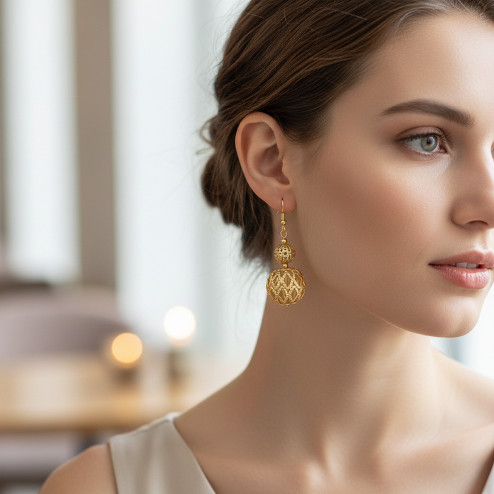Woman wearing gold filigree cage bead drop earrings