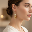 Woman wearing gold pearl and textured bead drop earrings