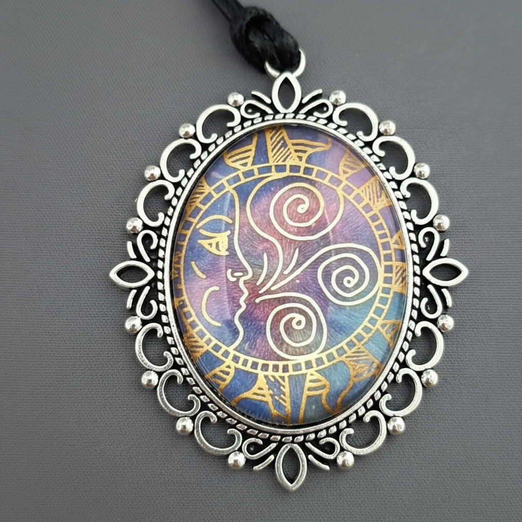 Close-up detail of sacred geometry mandala pendant on black cord, ornate silver filigree frame