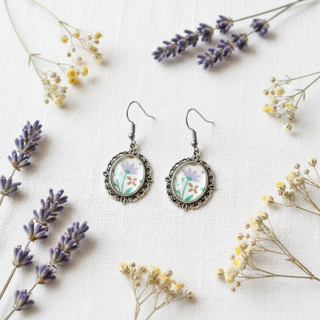 Lavender floral cabochon drop earrings flat lay with dried lavender and wildflowers on white linen