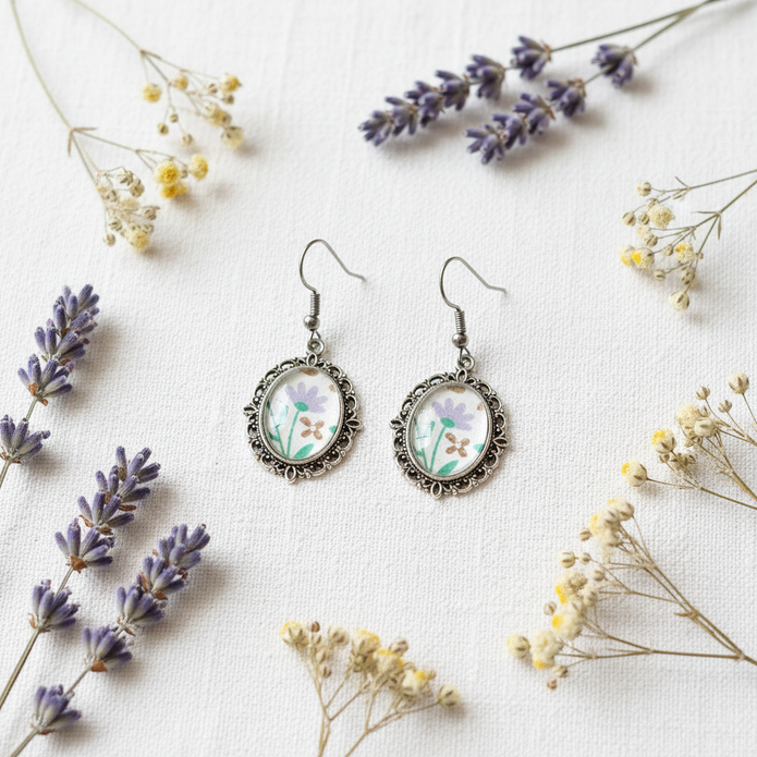Lavender floral cabochon drop earrings flat lay with dried lavender and wildflowers on white linen