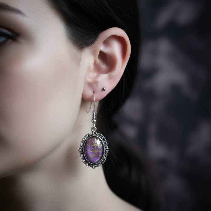 Gothic purple glass earrings worn lifestyle shot