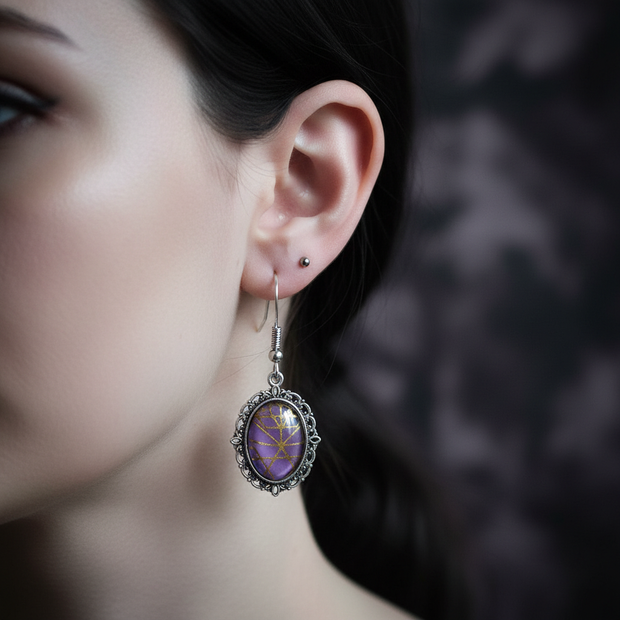 Gothic purple glass earrings worn lifestyle shot