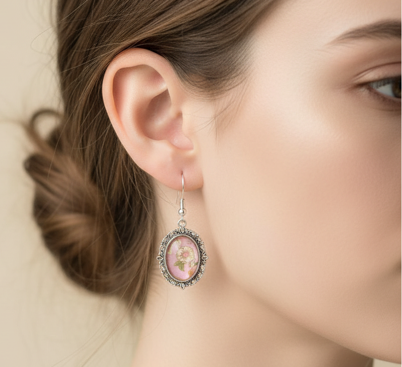 Pink floral cabochon drop earrings worn on model's ear, lifestyle shot