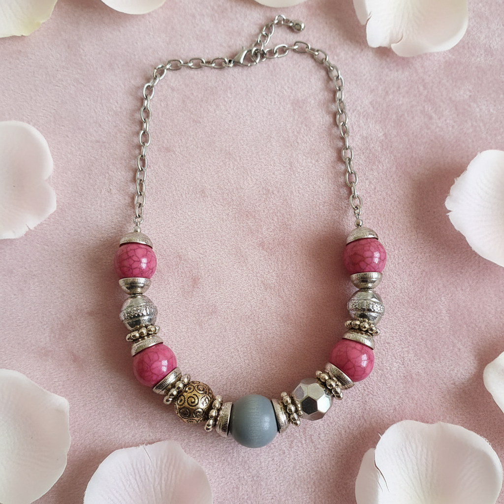 Rescued & Remade pink crackle bead necklace flat lay on blush pink velvet with rose petals