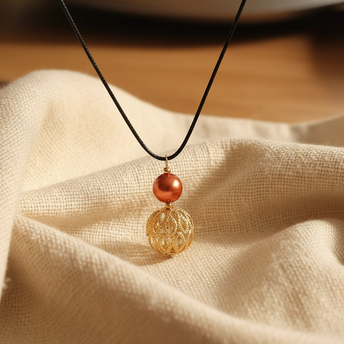 Copper pearl and gold filigree cage pendant necklace detail on cream fabric