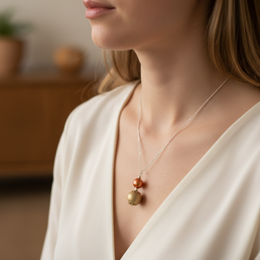 Woman wearing copper pearl and gold textured ball pendant necklace