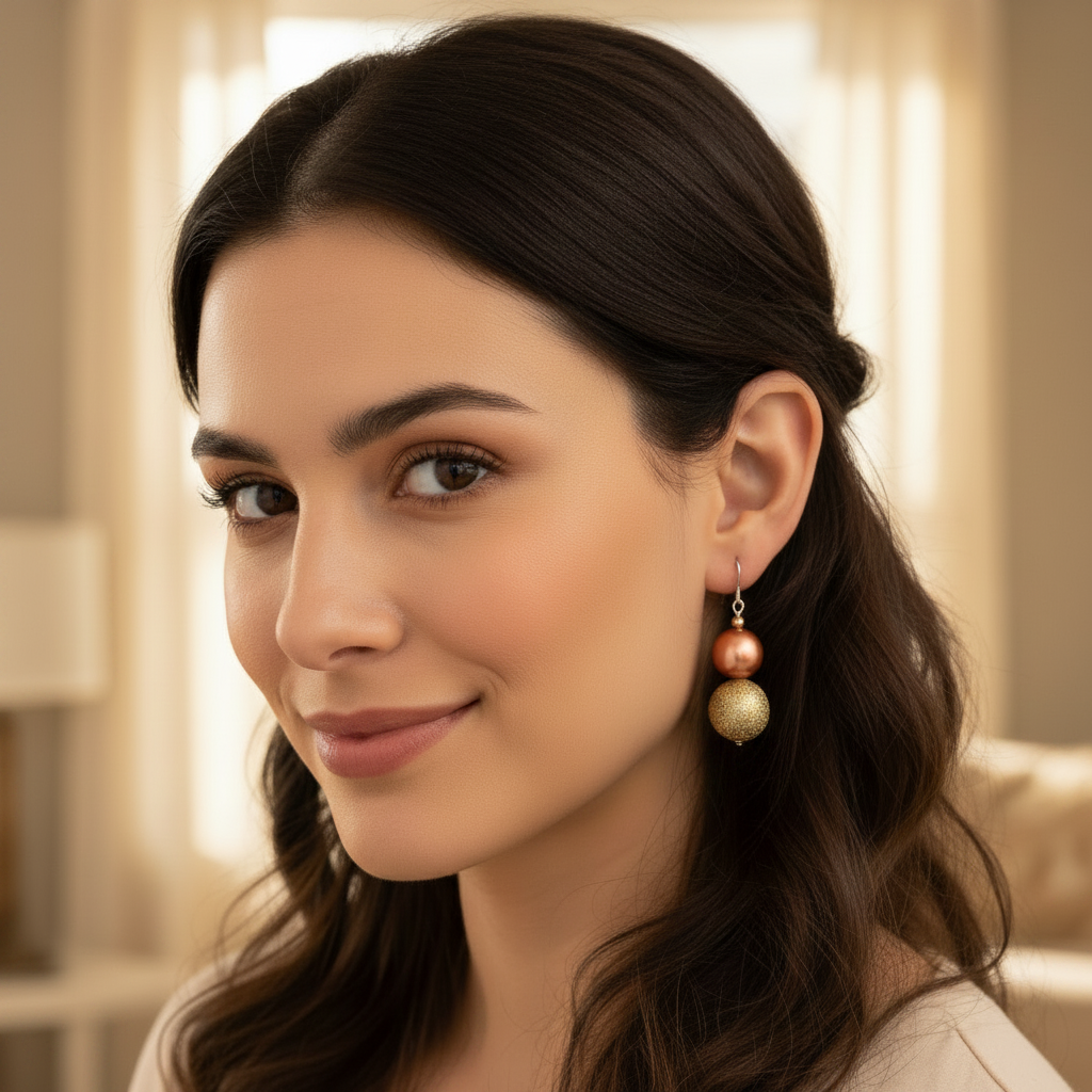 Woman wearing copper pearl and gold textured bead drop earrings