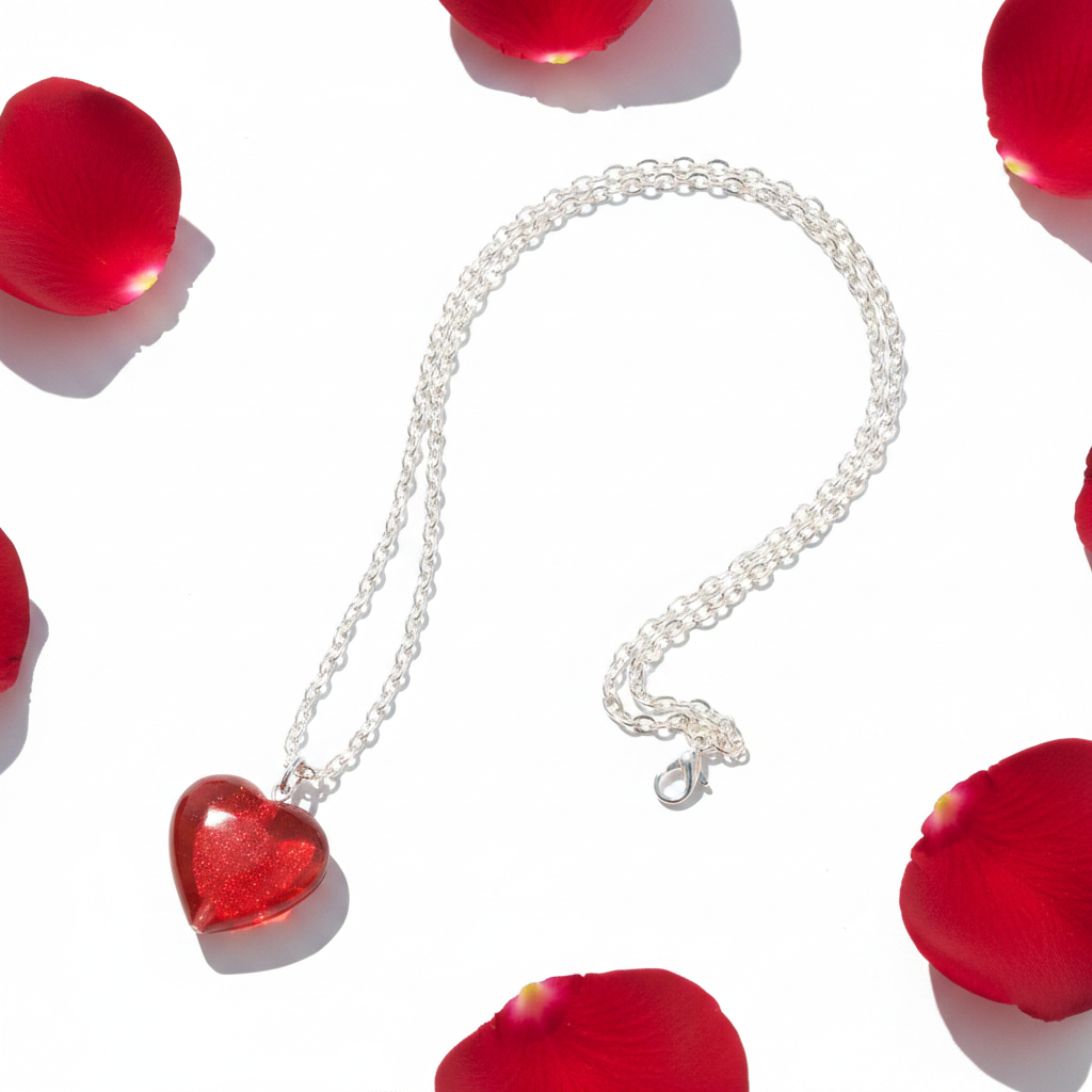 Faceted red glass heart pendant on silver chain necklace flat lay with rose petals
