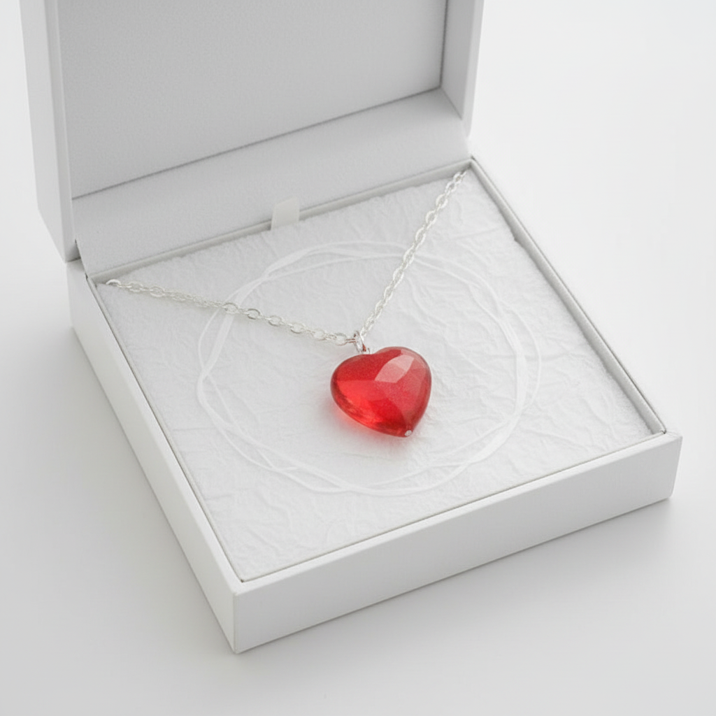 Faceted red glass heart pendant on silver chain necklace in open white gift box