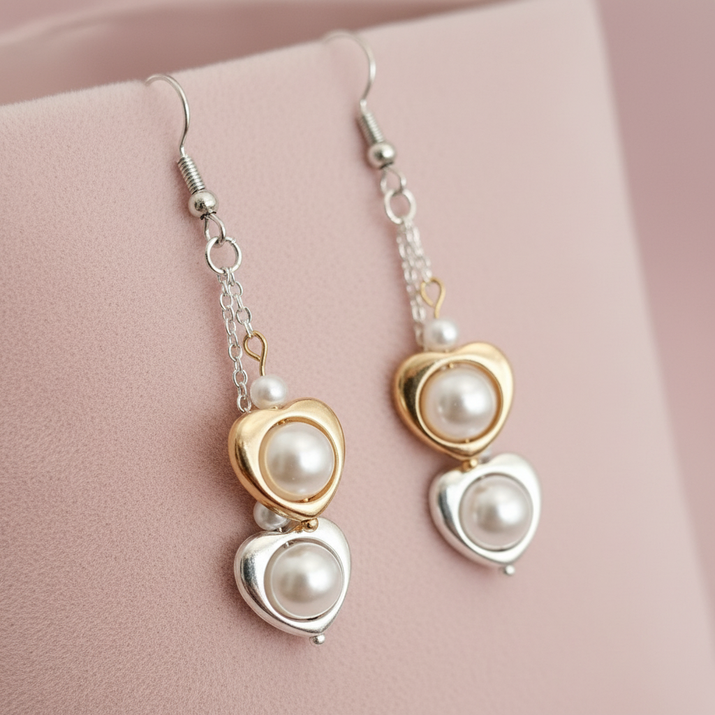 Close-up of double heart pearl drop earrings in gold and silver plate on blush pink background