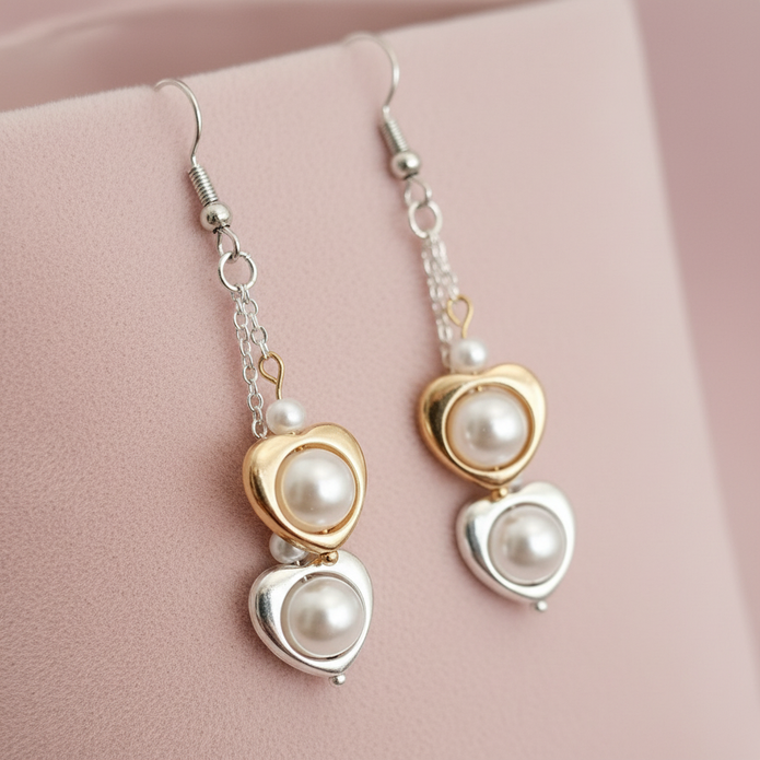 Close-up of double heart pearl drop earrings in gold and silver plate on blush pink background