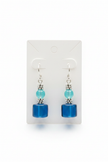 Blue glass cube and aqua bead drop earrings on a white display card