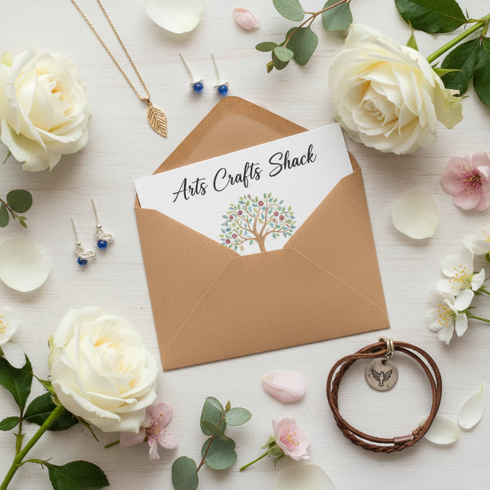 Arts Crafts Shack gift card in a kraft envelope with scattered rose petals