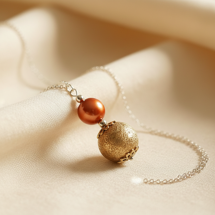 Copper pearl and gold textured ball pendant necklace detail on cream fabric