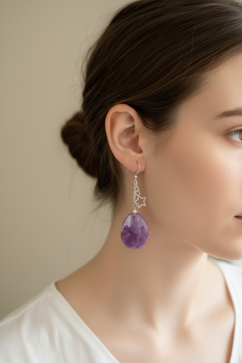 Rescued and remade purple marbled star charm earrings worn on a model