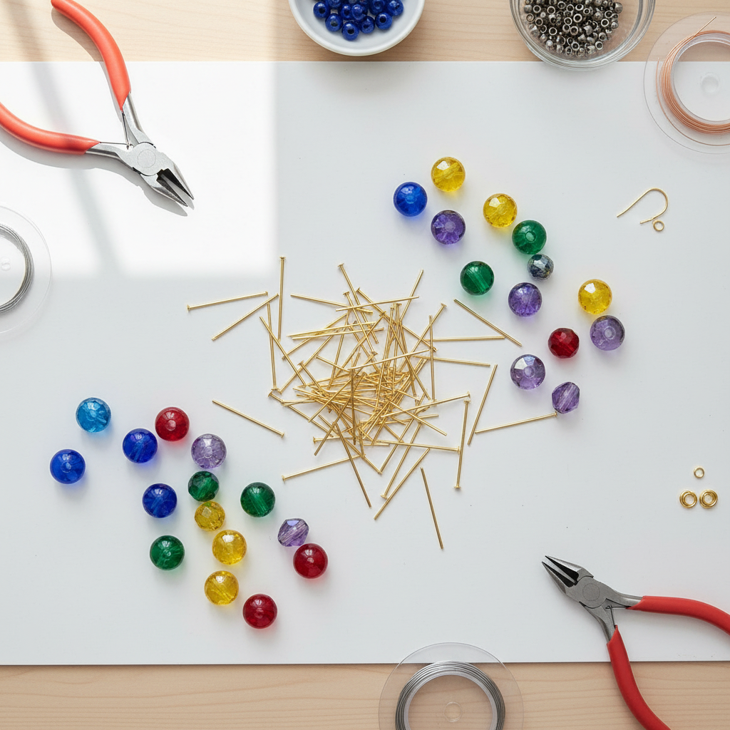 Gold headpins in a craft workspace flat lay with glass beads and jewellery making tools