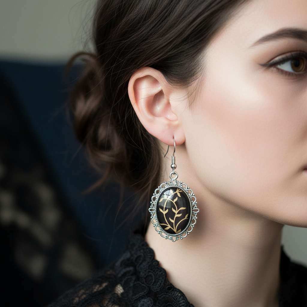 Large black and gold oval drop earrings worn lifestyle shot
