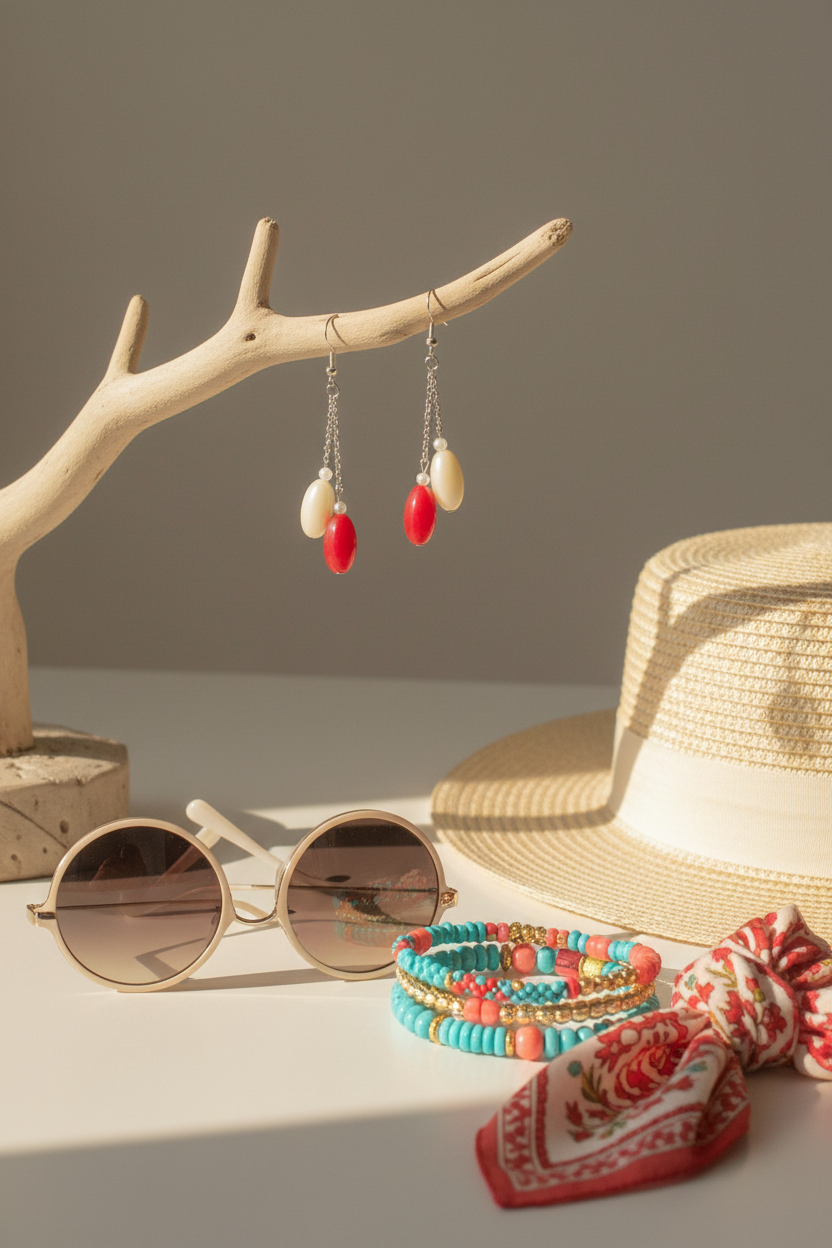 Red and cream oval bead drop earrings lifestyle shot with summer accessories