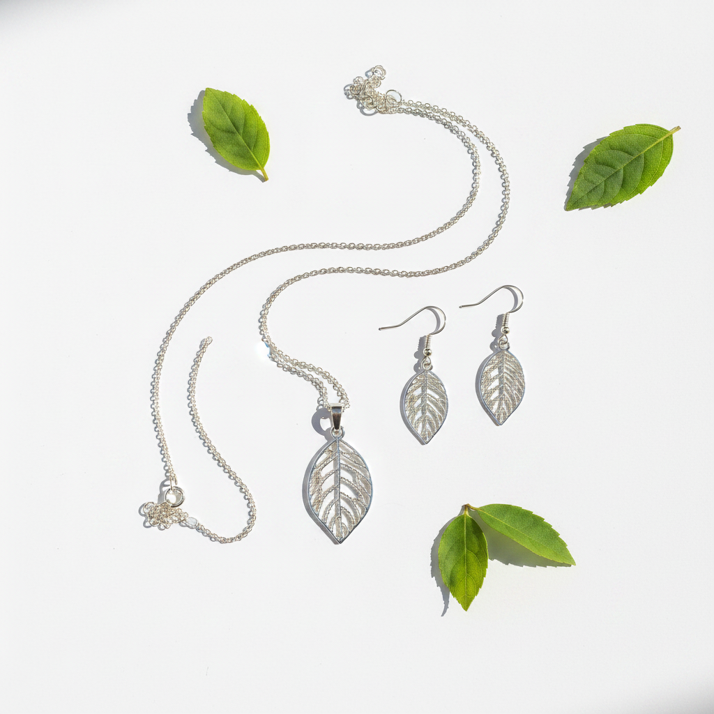 Silver filigree leaf necklace and earrings set flat lay with green leaves on white background