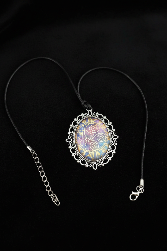 Sacred geometry mandala pendant necklace styled on dark velvet, gothic aesthetic